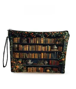 Detailed close-up of a zippered makeup bag featuring a vintage bookshelf pattern display
