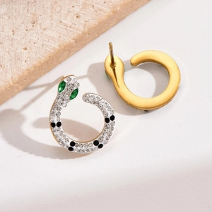 Chic snake-shaped gold earrings with green cubic zirconia eyes and pave crystal details