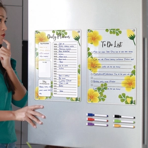 Magnetic acrylic weekly planner for fridge with floral patterns and 6 colored markers