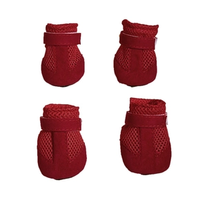 Breathable wine red mesh dog shoes with non-slip soles and adjustable straps