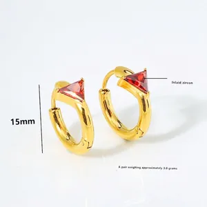 Gold stainless steel hoop earrings with sparkling red triangle zircon stones, 15mm size