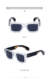 Detail view of square tortoiseshell sunglasses with transparent grey frame and dark grey lenses