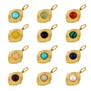 Vintage Sunburst Oval Pendants Stainless Steel Natural Stone Inlaid DIY Jewelry Making Retro French Gold Plated Charms