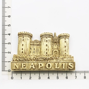 Detailed view of Neapolis castle resin fridge magnet with size reference ruler