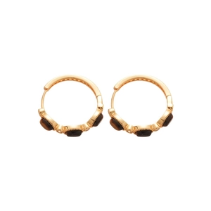 Gold-plated hoop earrings with tiger eye stone inlays on a clean white background