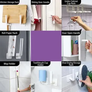 White multi-purpose self-adhesive wall hooks and handles for kitchen storage