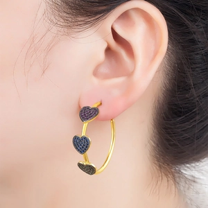 18k gold plated hoop earrings with heart charms and colorful purple blue zircon stones