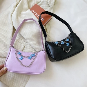 Women PU Leather Underarm Shoulder Bag Butterfly Metal Chain Pendant Solid Color Retro Trendy Style
