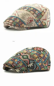 Close-up of khaki and black vintage jacquard patterns on stylish flat cap fabric