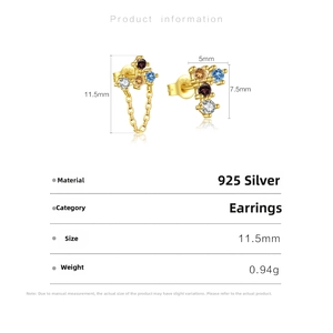 Detail view of 925 sterling silver earrings with colorful zircons and size specifications