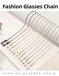 Detailed shot of metallic snake chain eyewear straps in gold, silver and matte black