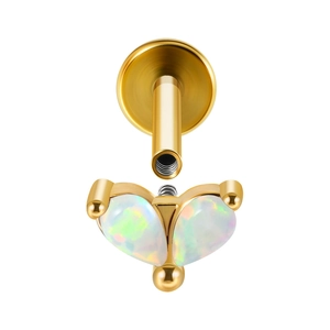 Internal thread labret with heart-shaped white opal stones in gold plating