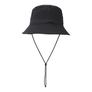 Detail of black bucket hat with adjustable windproof drawstring for outdoor sun protection
