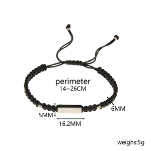 Detailed size specifications for adjustable black braided rope bracelet with steel plate