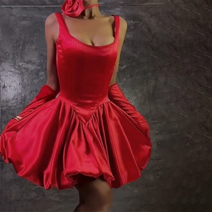 Elegant red satin bodycon dress with matching long gloves and 3D rose choker accessory