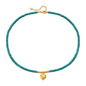 Exotic Style Zinc Alloy Artificial Turquoise Beaded Heart Pendant Necklace For Women Handmade Lucky Beads Choker Jewelry Gift