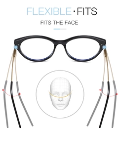 Close-up of flexible TR90 cat-eye frame legs showing elastic fit for various face shapes