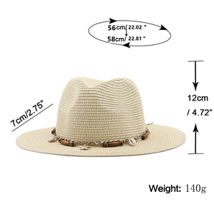Detailed dimensions of beige straw fedora with shell accents and seaside charms