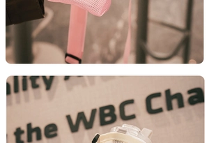 Close-up of pink and beige mesh water bottle carriers with adjustable shoulder straps