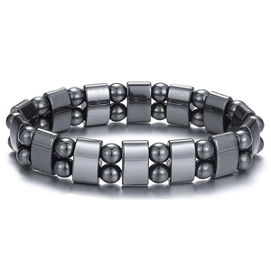 Close-up of double-row magnetic black hematite beads bracelet with metallic luster
