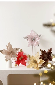 Close-up of 25cm artificial Christmas flowers with glitter edges in various festive colors