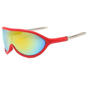 Outdoor cycling sunglasses with red frame and gradient rainbow lens in 45-degree view