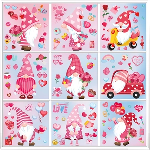 Set of nine pink Valentine's Day gnome window stickers with double-sided heart designs