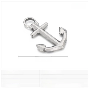 Macro detail of 30x20mm stainless steel anchor pendant with technical specifications