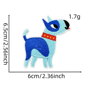 Detailed view of colorful dog embroidery patches showing precise 6.5x6cm dimensions
