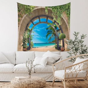 Détail d'un paysage côtier à travers une arche sur une tapisserie murale style bohème