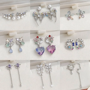 Collection of zircon flower butterfly earrings in pastel colors and french retro style