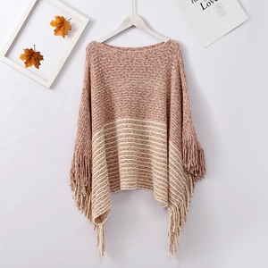 Women Knit Pullover Poncho Shawl Chenille Yarn Boat Neck Striped Tassel Cape Nordic Style Warm Winter Wrap
