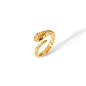 Detail of gold snake ring with scale texture, black gemstone eyes, and open band