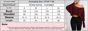 Size chart detail for off-shoulder long sleeve T-shirt with measurements in centimeters