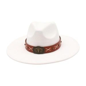 Elegant white flat brim fedora hat with vintage bull skull leather band decoration