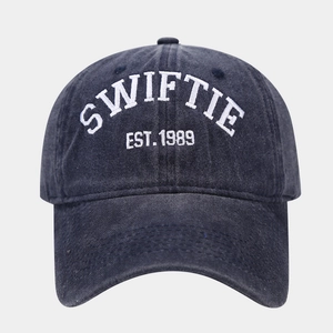 Detail of Swiftie EST. 1989 3D embroidery on washed cotton vintage baseball cap