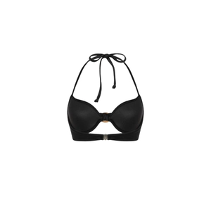 Detail of black halter bikini top with decorative center ring and metallic back clasp