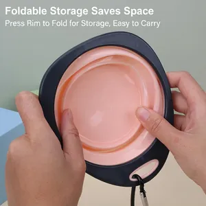 Portable pink collapsible silicone dog bowl for travel with carabiner hole and compact design