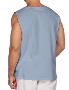 Back view of a men's sleeveless cotton linen shirt in a refreshing light blue hue