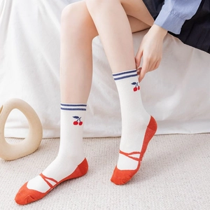 White preppy cherry pattern mid-calf cotton socks with Mary Jane shoe design style