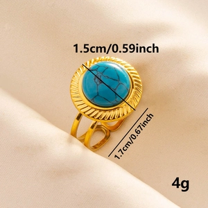 Verstellbarer goldener Edelstahlring mit rundem blauem Türkisstein und Gravur