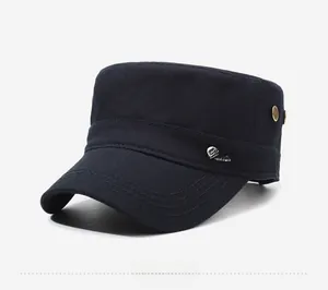 Detailed view of the metal Teans logo and brass buckles on the side of the cadet cap