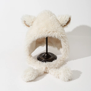 White faux fur bucket hat with cute sheep ears and plush pom-pom drawstrings for winter