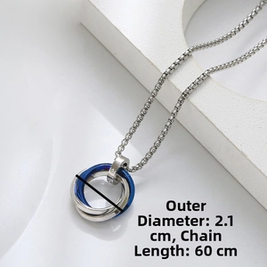 Triple interlocking ring necklace with 60cm box chain showing dimensions of 2.1cm diameter