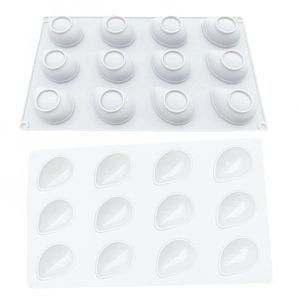 Detail of 12-cavity white silicone mold for banana mousse cake and jelly desserts