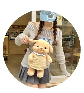 Detail of cute plush bunny backpack showing soft faux fur and elegant lace dress trim