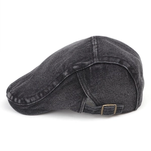 Adjustable washed denim flat cap with vintage bronze buckle in charcoal grey
