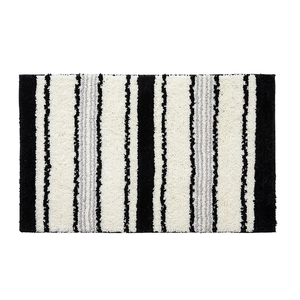 Absorbent bathroom rug with black white and grey vertical stripes in plush tufted texture