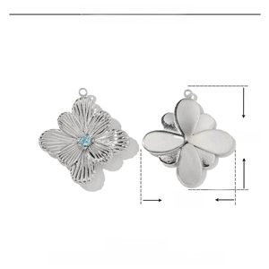 Technical drawing showing 26mm stainless steel four-leaf clover pendant with blue rhinestone