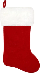 Detail of red velvet Christmas stocking with white faux fur trim and hanging loop